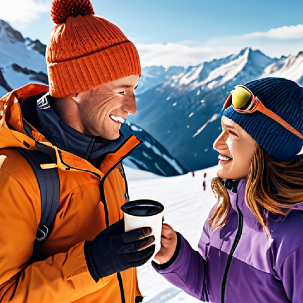 A ski instructor offering a warm drink to a student amidst a snowy mountain landscape, capturing a fun 'Instagrammable' moment.