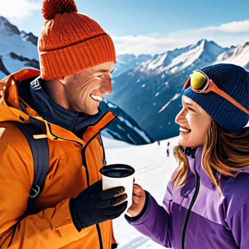 Home 4 A ski instructor offering a warm drink to a student amidst a snowy mountain landscape, capturing a fun 'Instagrammable' moment.