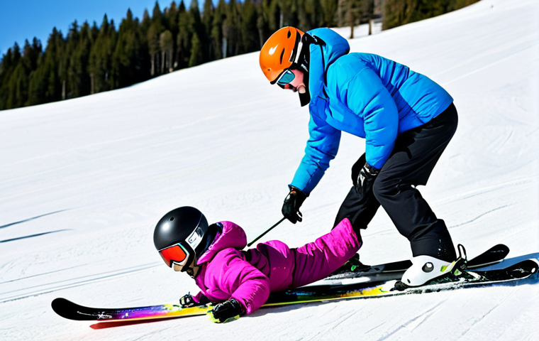 Learning to Fall Safely**
"A beginner skier, fully clothed in a colorful ski suit, learning to fall safely on a gentle slope, practicing a controlled fall to the side, with a friendly instructor nearby, demonstrating proper technique, safe for work, appropriate content, modest, family-friendly, perfect anatomy, correct proportions, natural pose, well-formed hands, proper finger count, natural body proportions, professional ski instruction environment, bright daylight."
**