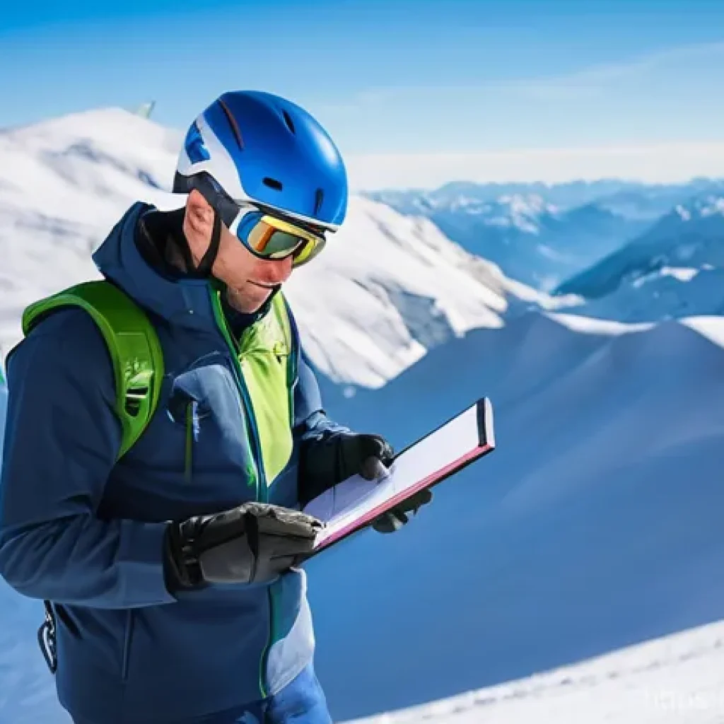 스키 강사의 안전사고 보고 체계 - A diligent male ski instructor in his 30s, wearing a professional ski uniform and helmet, is meticul...