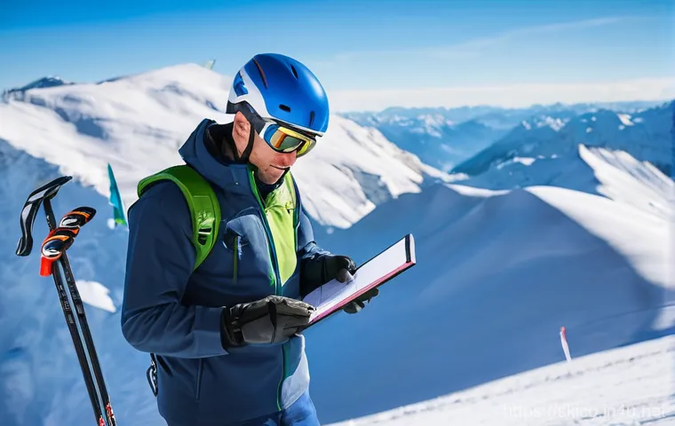 스키 강사의 안전사고 보고 체계 - A diligent male ski instructor in his 30s, wearing a professional ski uniform and helmet, is meticul...