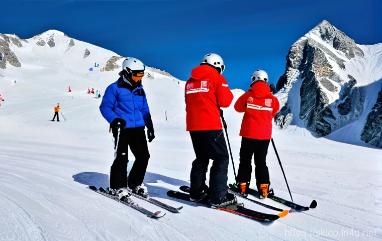 스키 강사의 안전사고 보고 체계 - A male ski instructor in his 30s, wearing a modern, insulated ski jacket and trousers with a helmet ... 스키 강사의 안전사고 보고 체계 - A male ski instructor in his 30s, wearing a modern, insulated ski jacket and trousers with a helmet ...