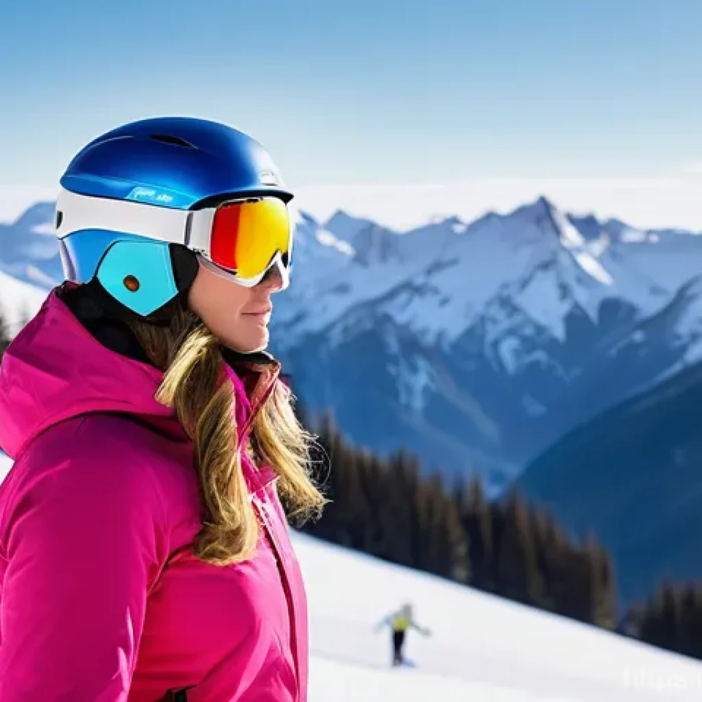 스키 강사의 멘탈 관리와 자기 개발 - A professional female ski instructor, in her early 30s, stands calmly and confidently on a bustling ...