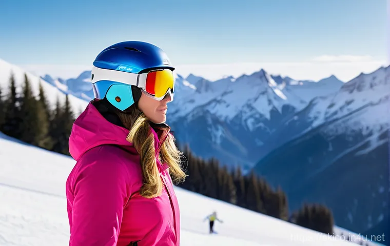 스키 강사의 멘탈 관리와 자기 개발 - A professional female ski instructor, in her early 30s, stands calmly and confidently on a bustling ...