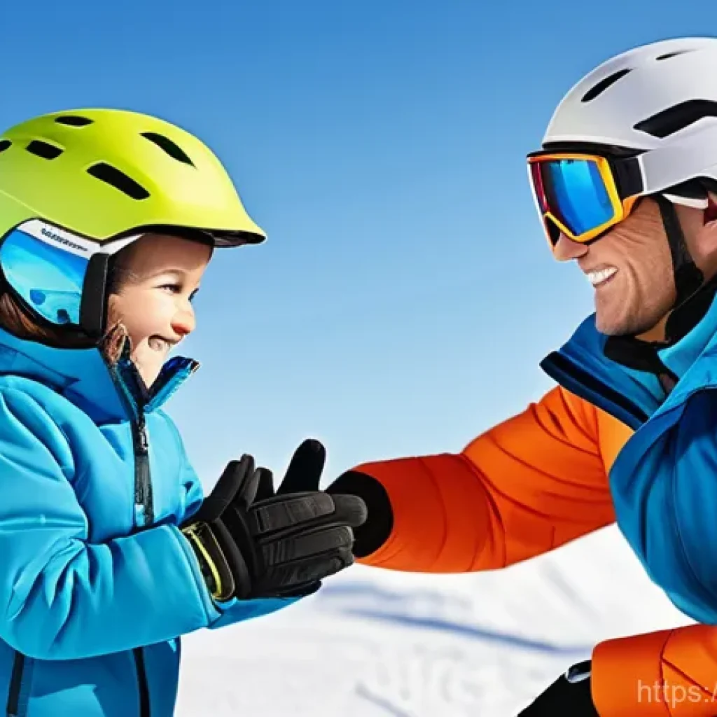 스키 강사의 직업적 만족도 관리 - A warm and encouraging male ski instructor, wearing a professional, brightly colored ski suit with a...