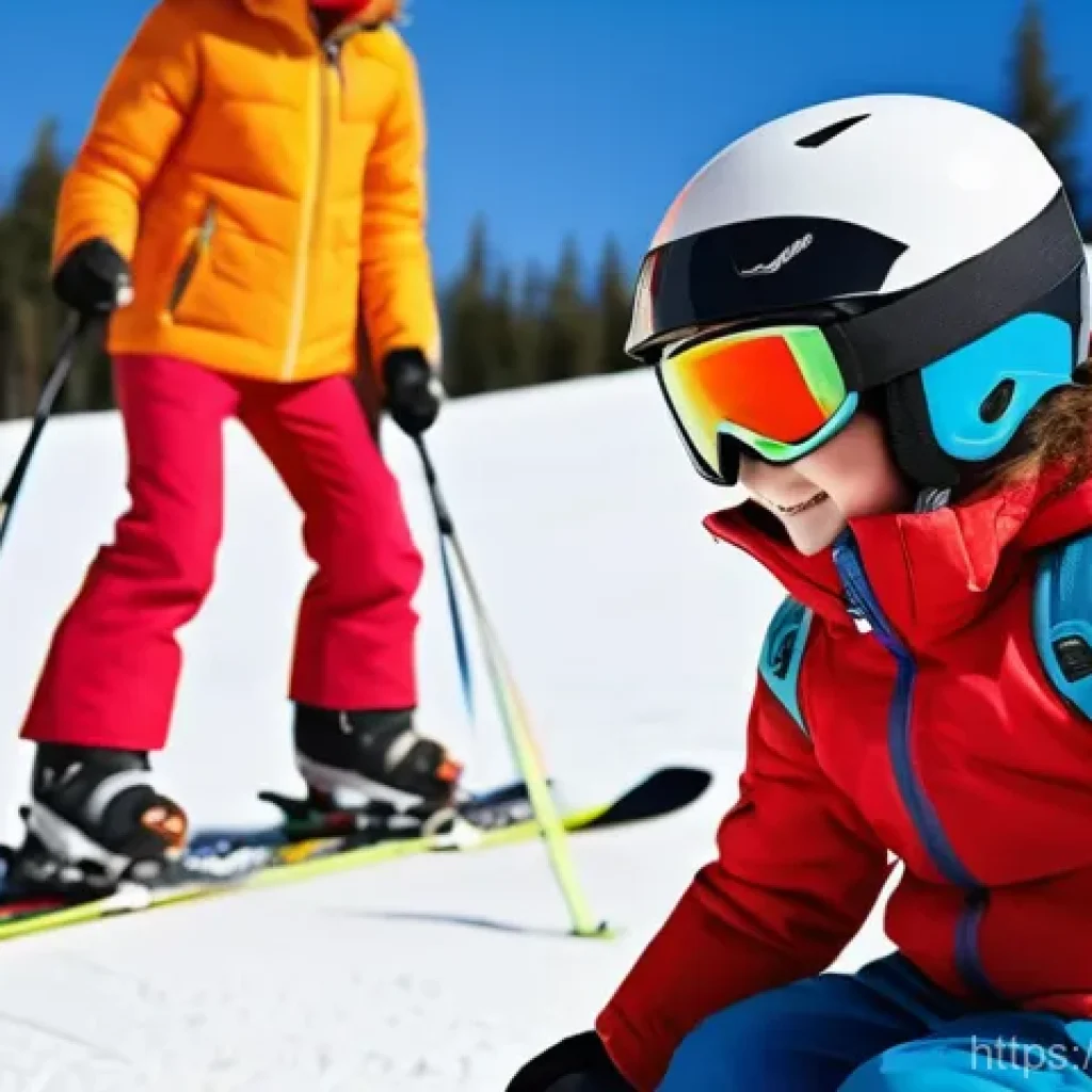 스키 강사의 환경 변화 적응법 - A heartwarming scene on a gentle ski slope, where a young child, approximately 6 years old, dressed ...