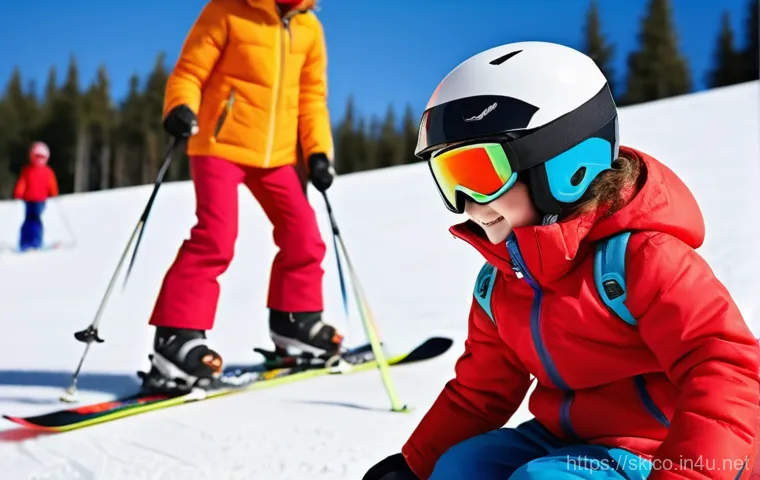 스키 강사의 환경 변화 적응법 - A heartwarming scene on a gentle ski slope, where a young child, approximately 6 years old, dressed ...